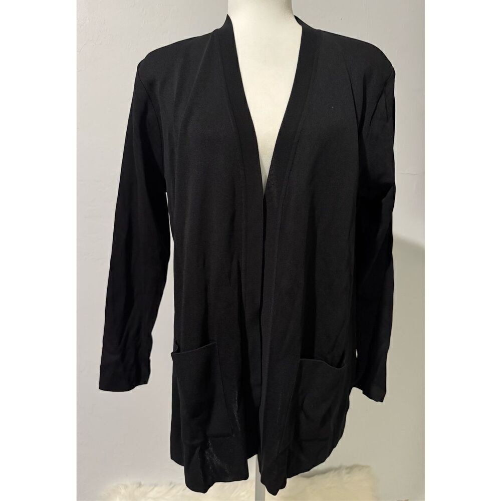 Misook Black long open front cardigan deep pockets S